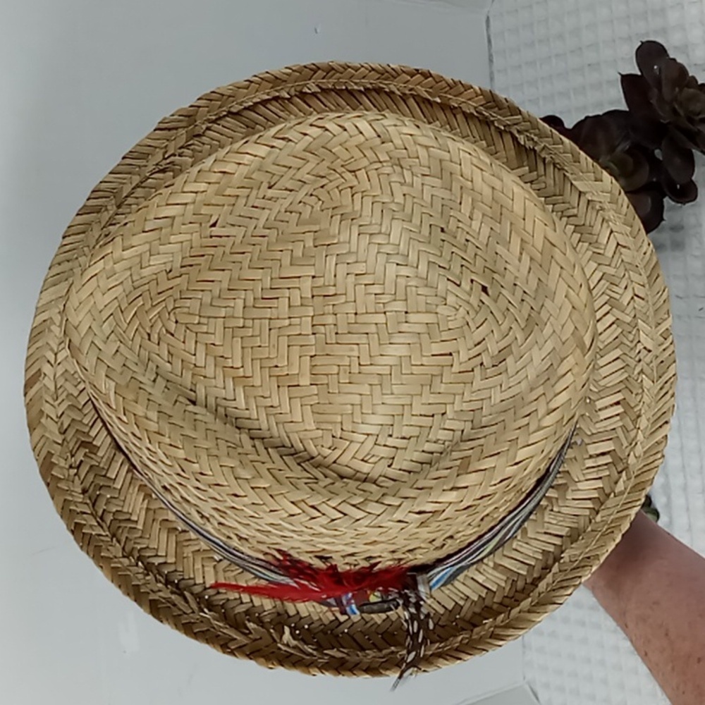 Peter Grimm Straw Pork Pie Hat w/Multi Color Crossgrain Band & Feather Accents - Picture 5 of 14